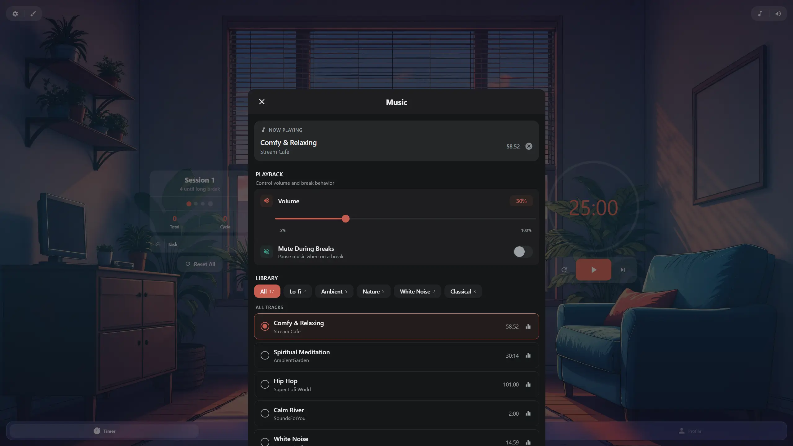 Kaizen focusmuziek bibliotheek met verschillende muziekcategorieën