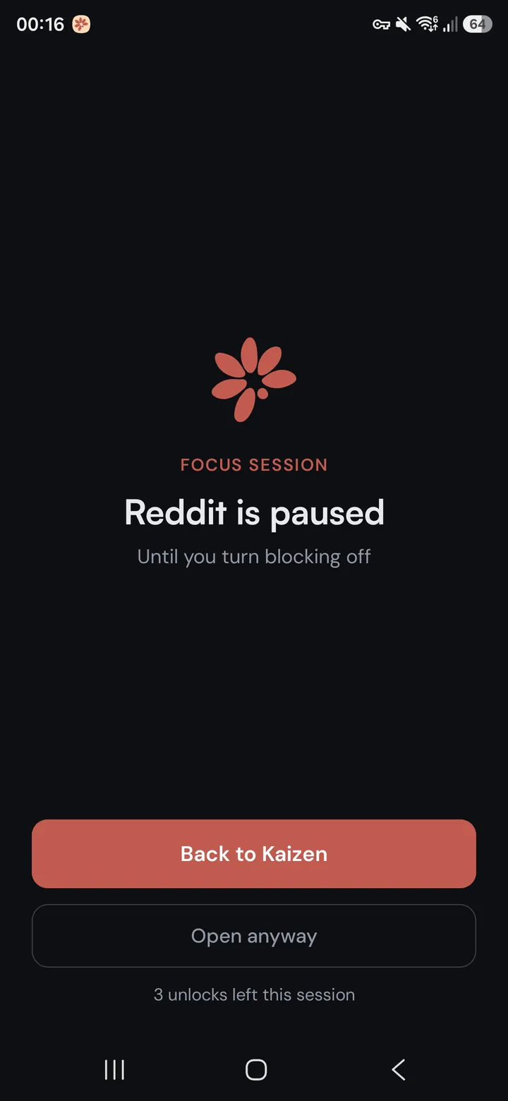 The block screen: Reddit is paused until blocking is turned off