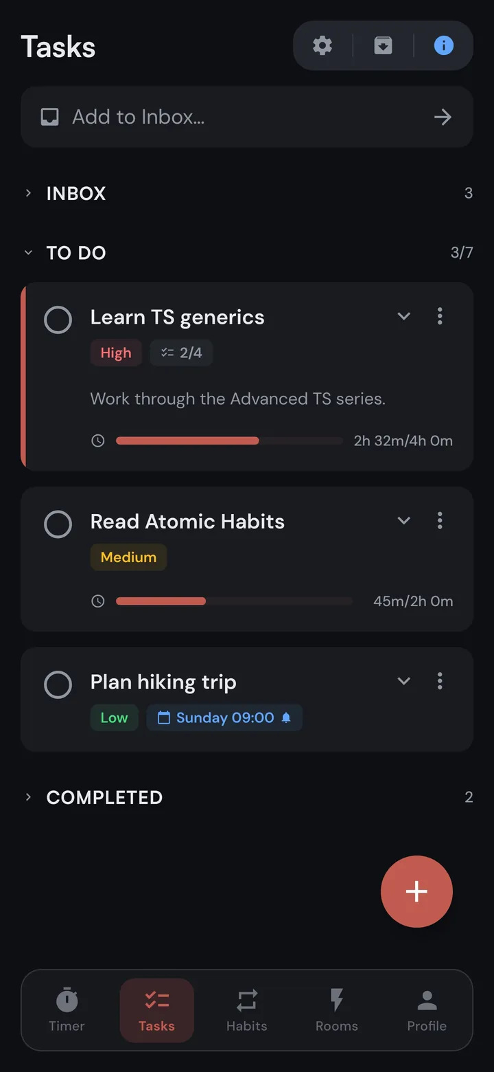The task list with an Inbox, To Do items and time estimates